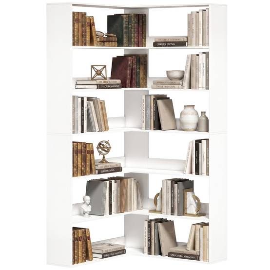 Bibliothèque à 7 étagères, étagère d'angle en L avec dos antidérapant, blanche aspect bois - Image 1