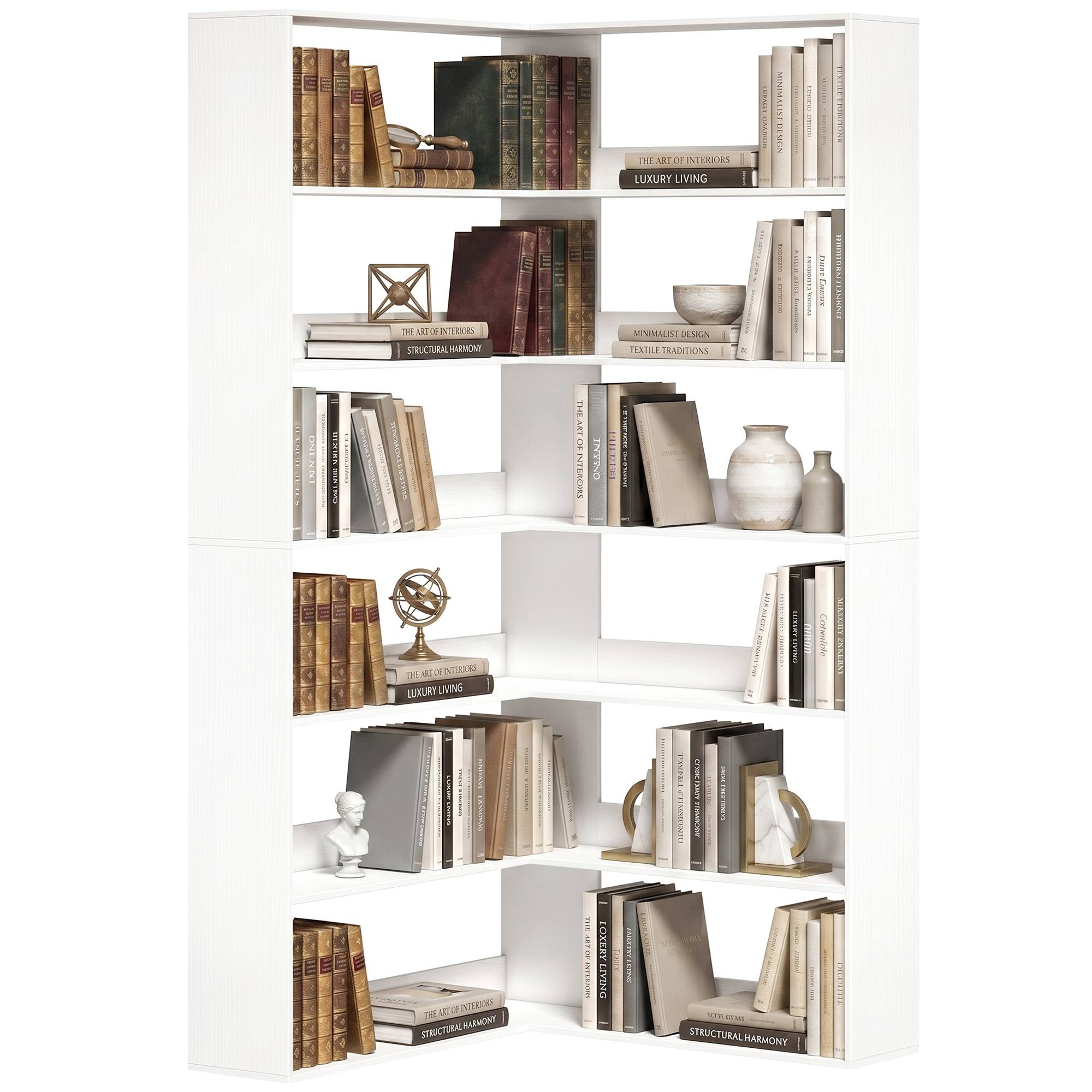 Bibliothèque à 7 étagères, étagère d'angle en L avec dos antidérapant, blanche aspect bois - Image 1