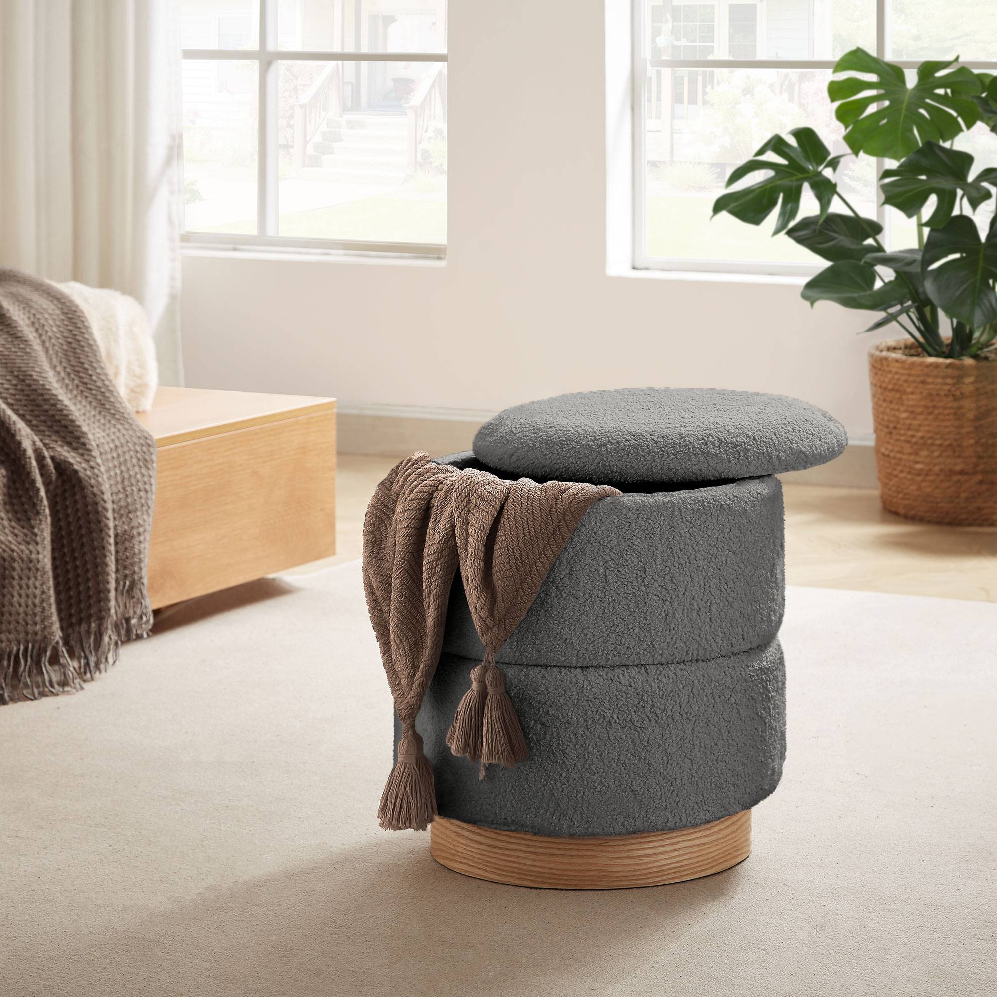 Sicaan Pouf Coffre ROMÉO en Tissu Bouclette Gris – Tabouret de Rangement Design Scandinave et Art Déco avec Base Bois – Pouf Rigide Chic et Pratique - Image 1