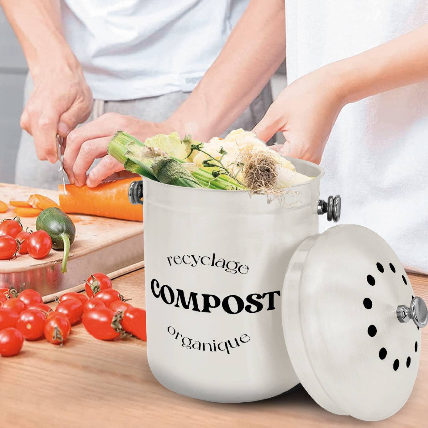 Linxor - Composteur, bac, poubelle à compost de cuisine 5L rond en Inox - Beige - Linxor - Image 4