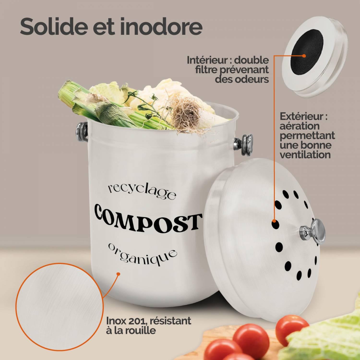 Linxor - Composteur, bac, poubelle à compost de cuisine 5L rond en Inox - Beige - Linxor - Image 3