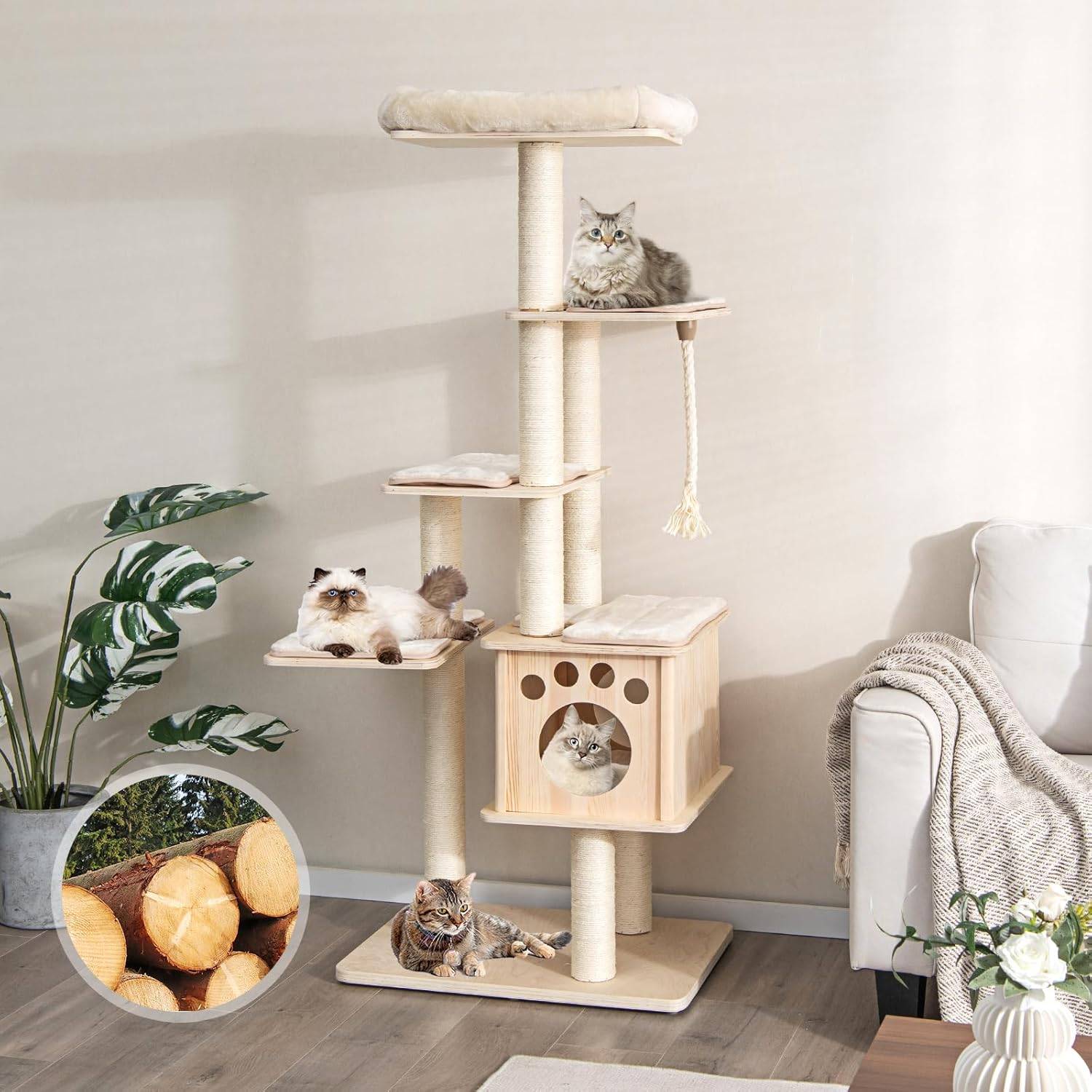 Arbre à Chat en Bois Massif de 170 CM, Charge 15KG pour Chaque Couche, Beige - Image 2