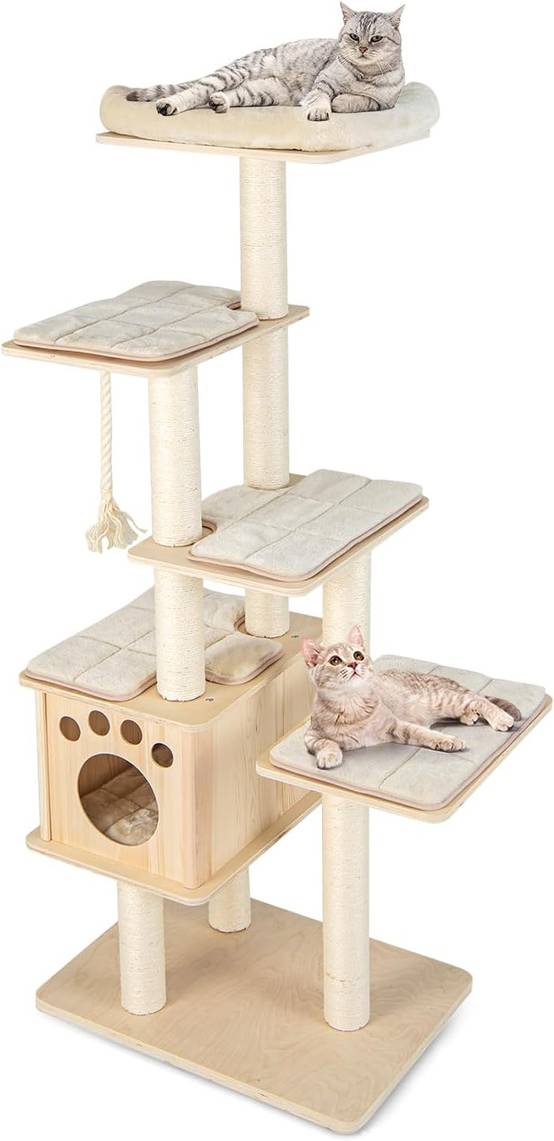Arbre à Chat en Bois Massif de 170 CM, Charge 15KG pour Chaque Couche, Beige - Image 1
