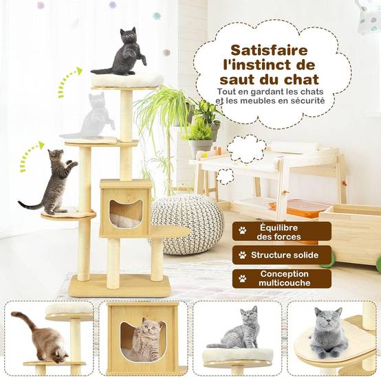 Arbre à Chat en Bois Massif de 170 CM, Charge 15KG pour Chaque Couche, Beige - Image 7