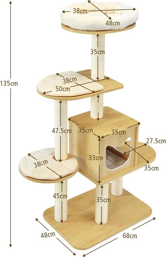 Arbre à Chat en Bois Massif de 170 CM, Charge 15KG pour Chaque Couche, Beige - Image 3