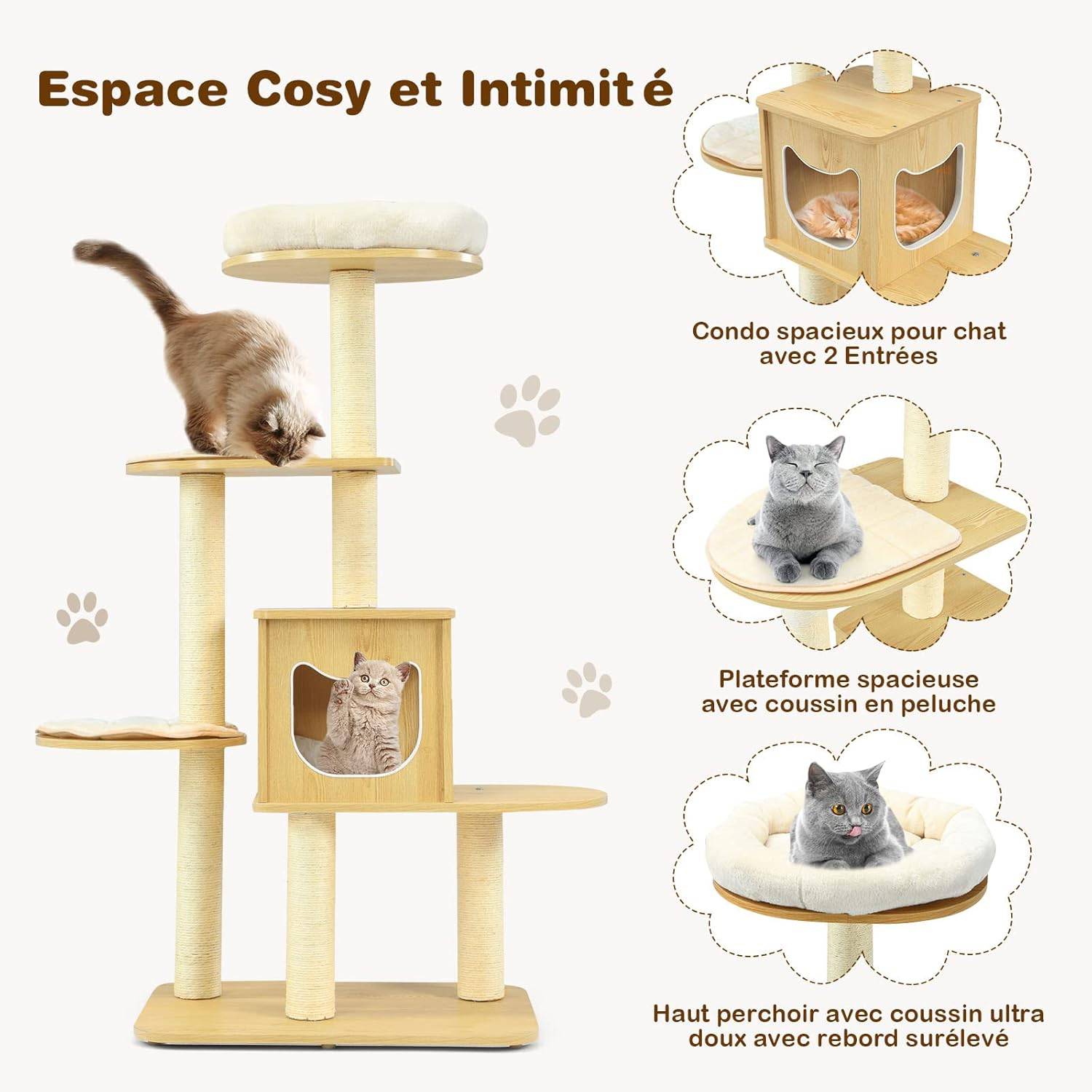 Arbre à Chat en Bois Massif de 170 CM, Charge 15KG pour Chaque Couche, Beige - Image 5
