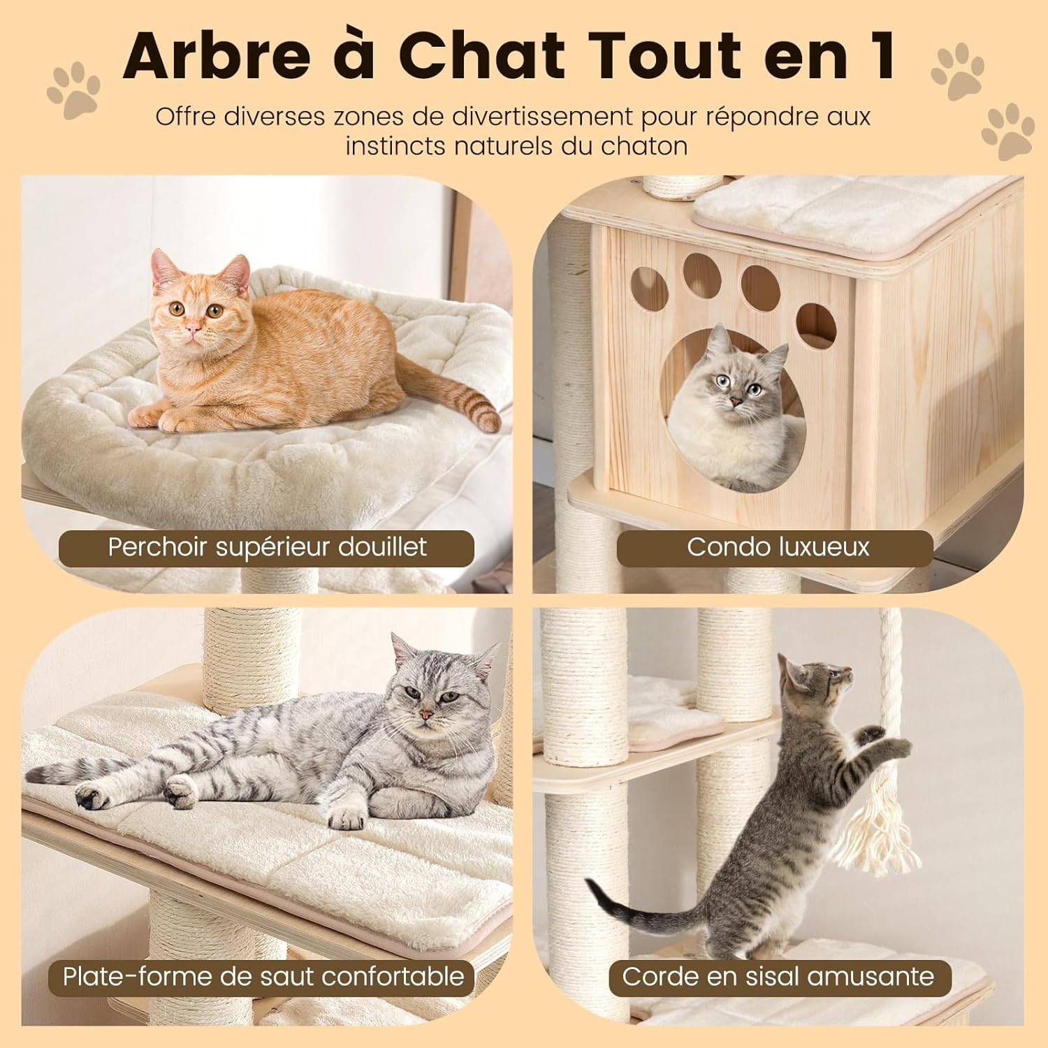 Arbre à Chat en Bois Massif de 170 CM, Charge 15KG pour Chaque Couche, Beige - Image 4