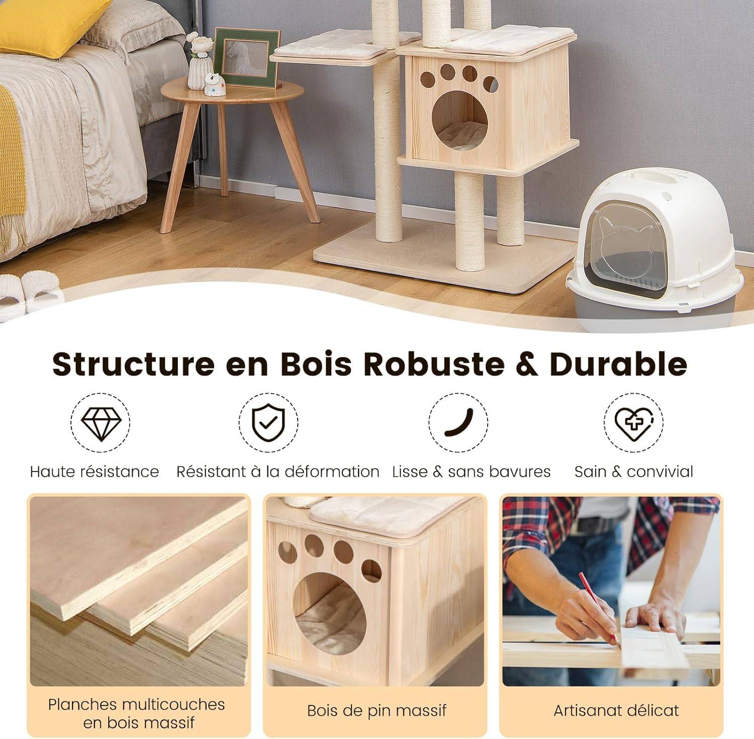 Arbre à Chat en Bois Massif de 170 CM, Charge 15KG pour Chaque Couche, Beige - Image 9