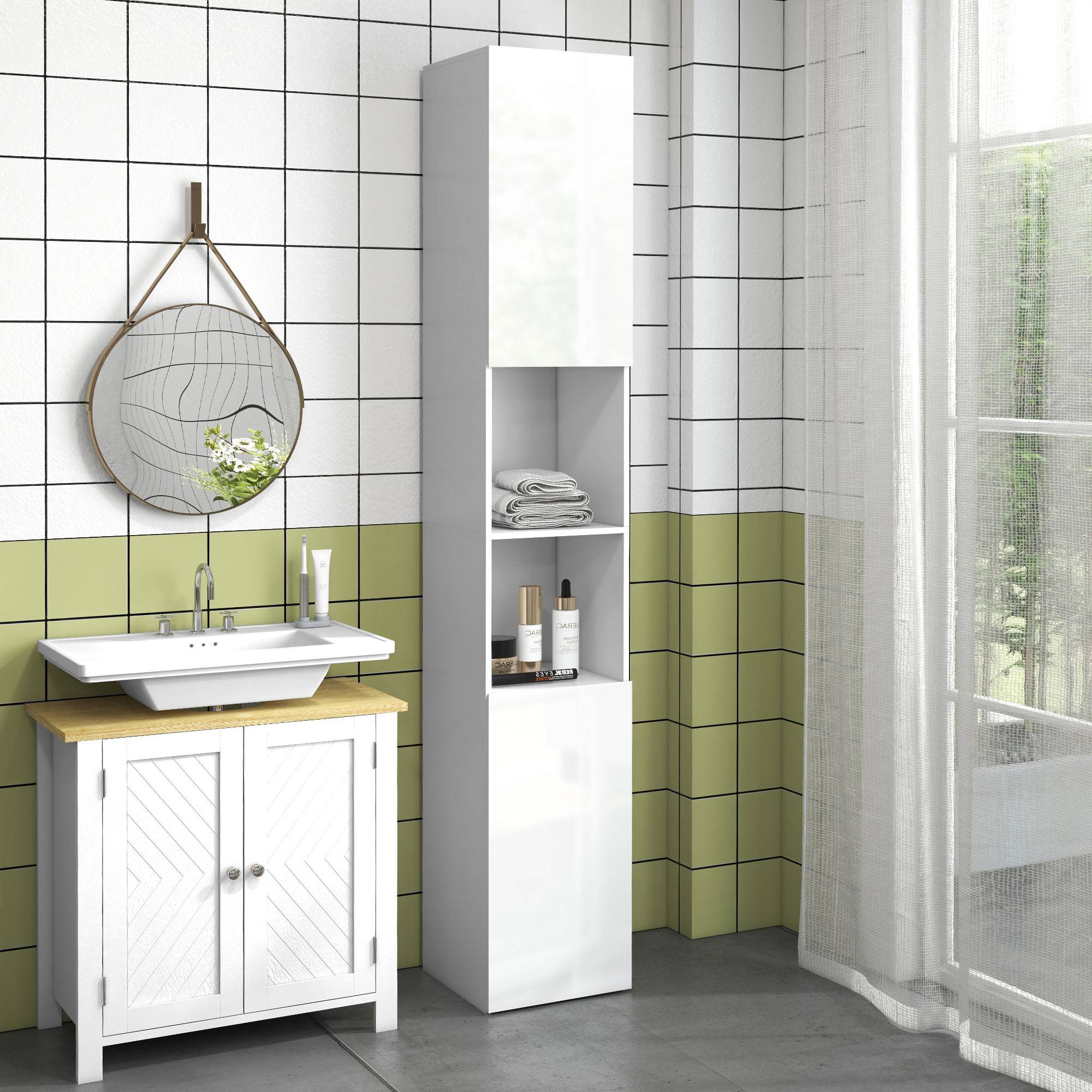 Colonne salle de bain avec 2 placards 2 niches et étagères réglables, rangement vertical 30x30x181,5 cm blanc moderne - Image 3