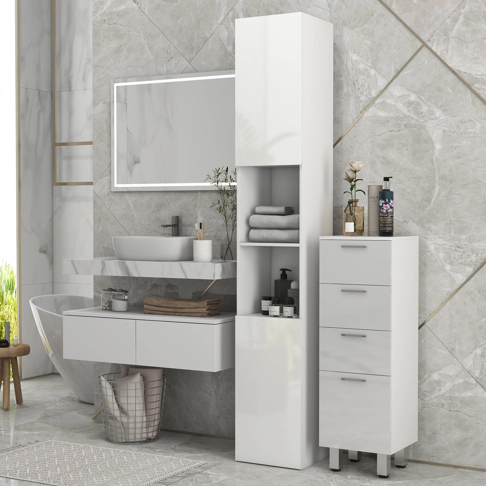 Colonne salle de bain avec 2 placards 2 niches et étagères réglables, rangement vertical 30x30x181,5 cm blanc moderne - Image 4