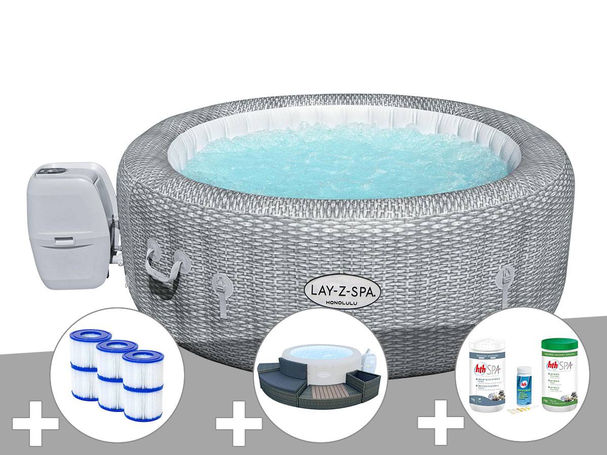 Bestway - Kit spa gonflable Bestway Lay-Z-Spa Honolulu rond Airjet 4/6 places + Ensemble mobilier + 6 filtres + Kit traitement brome