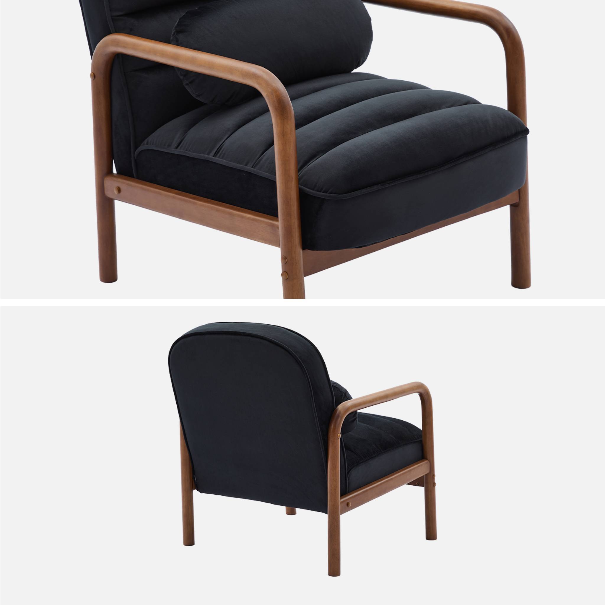 sweeek - Fauteuil scandinave bois d'hévéa teinté noyer et tissu velours noir | sweeek - Image 3