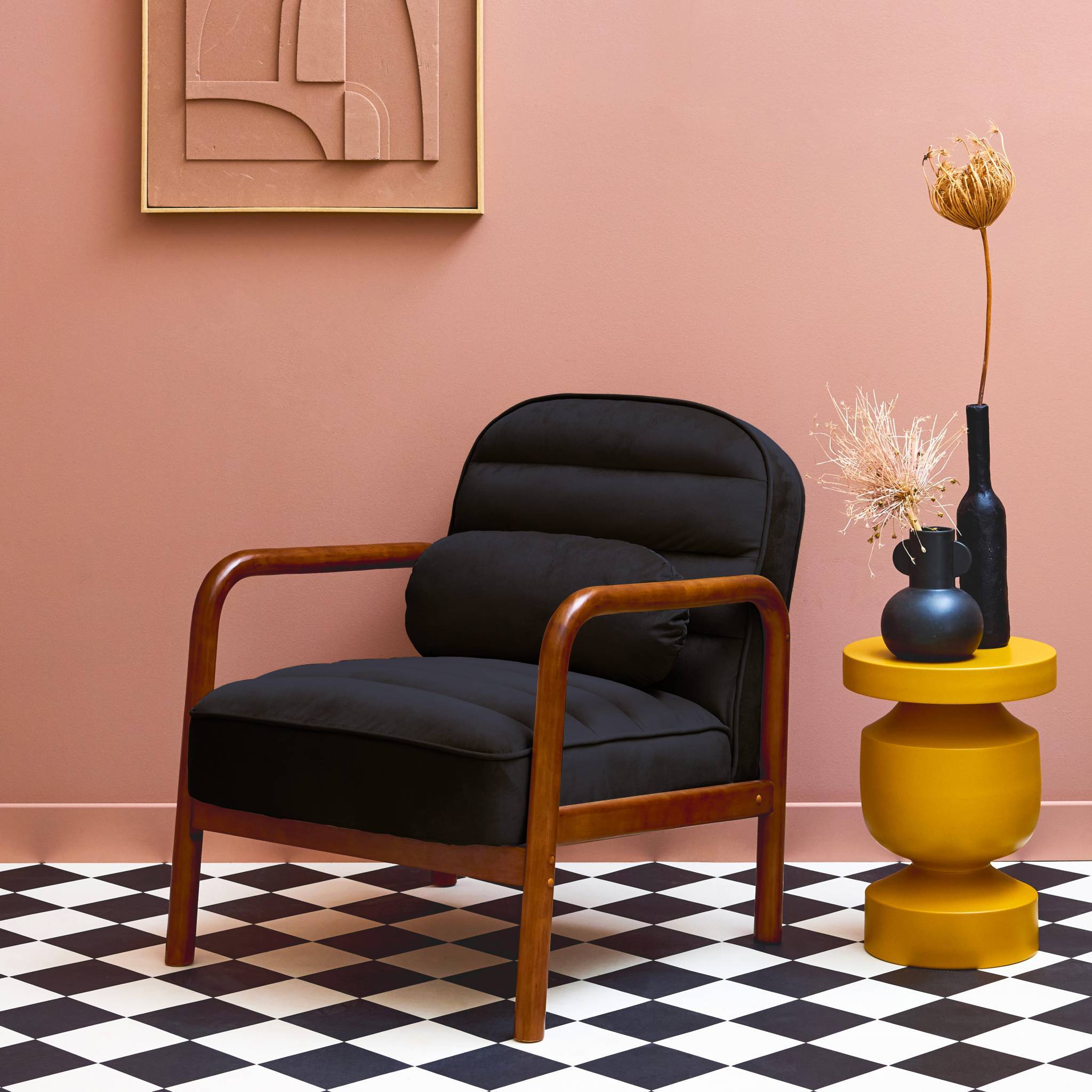 sweeek - Fauteuil scandinave bois d'hévéa teinté noyer et tissu velours noir | sweeek - Image 7