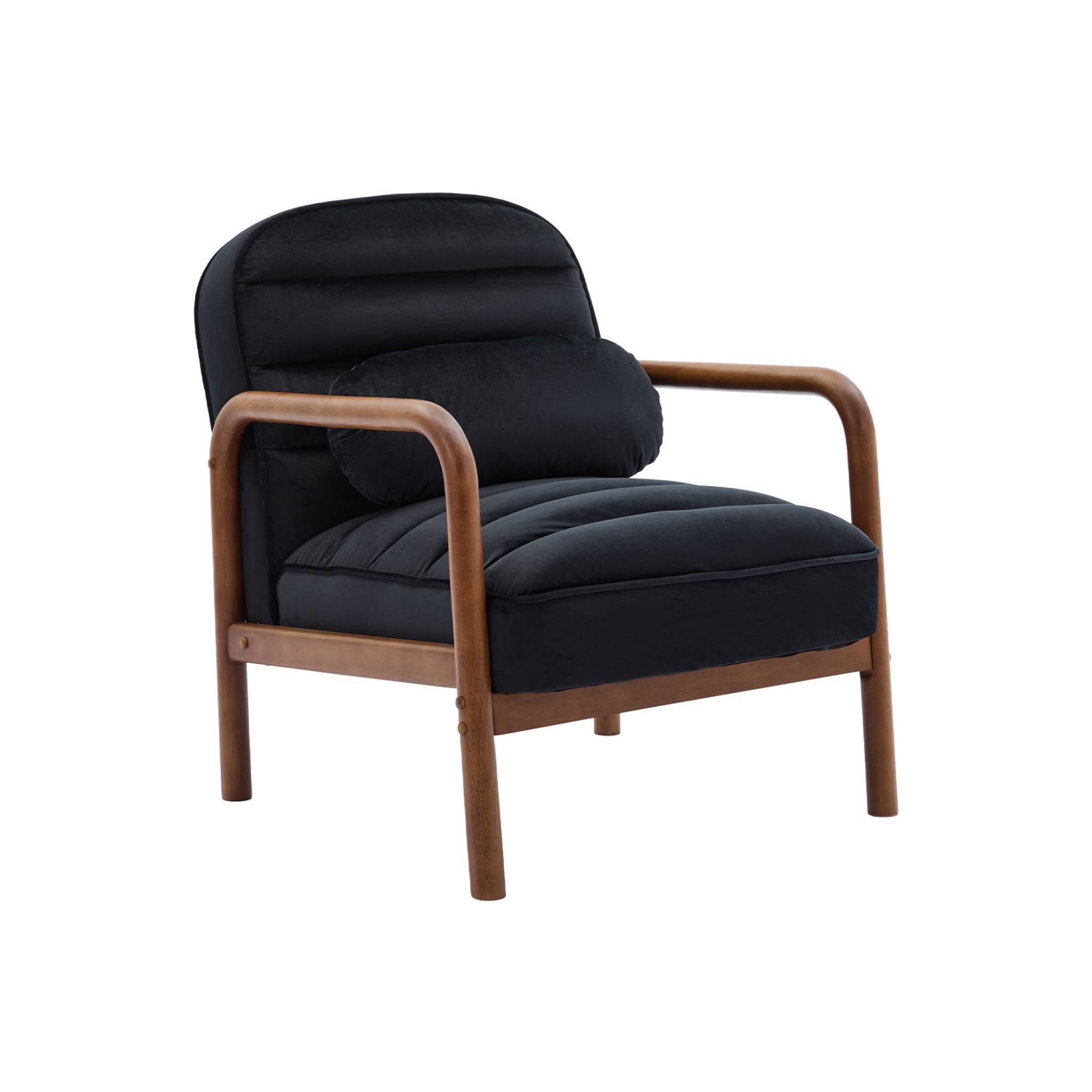 sweeek - Fauteuil scandinave bois d'hévéa teinté noyer et tissu velours noir | sweeek - Image 2