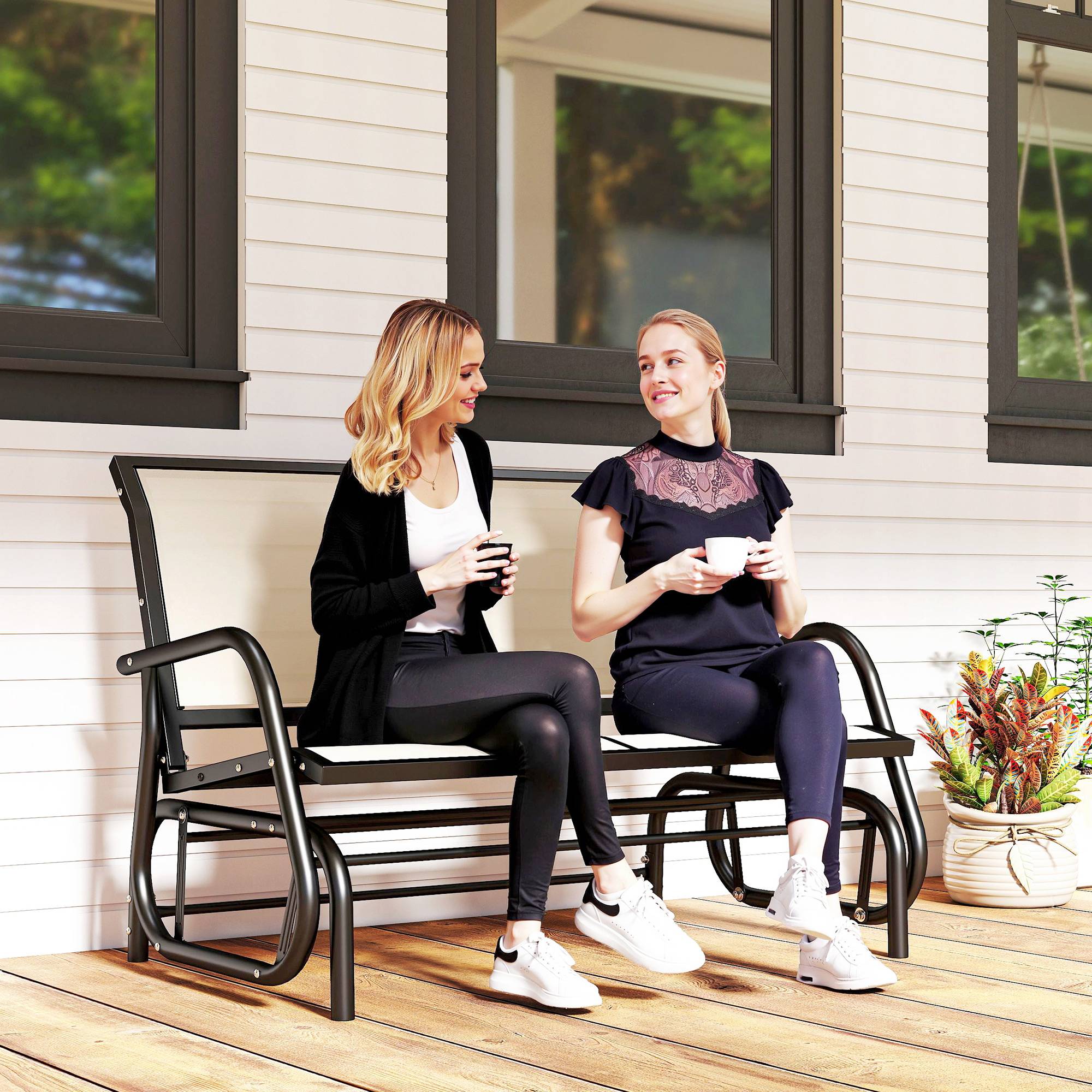 Banc à bascule de jardin 2 places métal textilène respirant extérieur beige 120x70x85 - ComfortXL Outdoor Living - Image 4