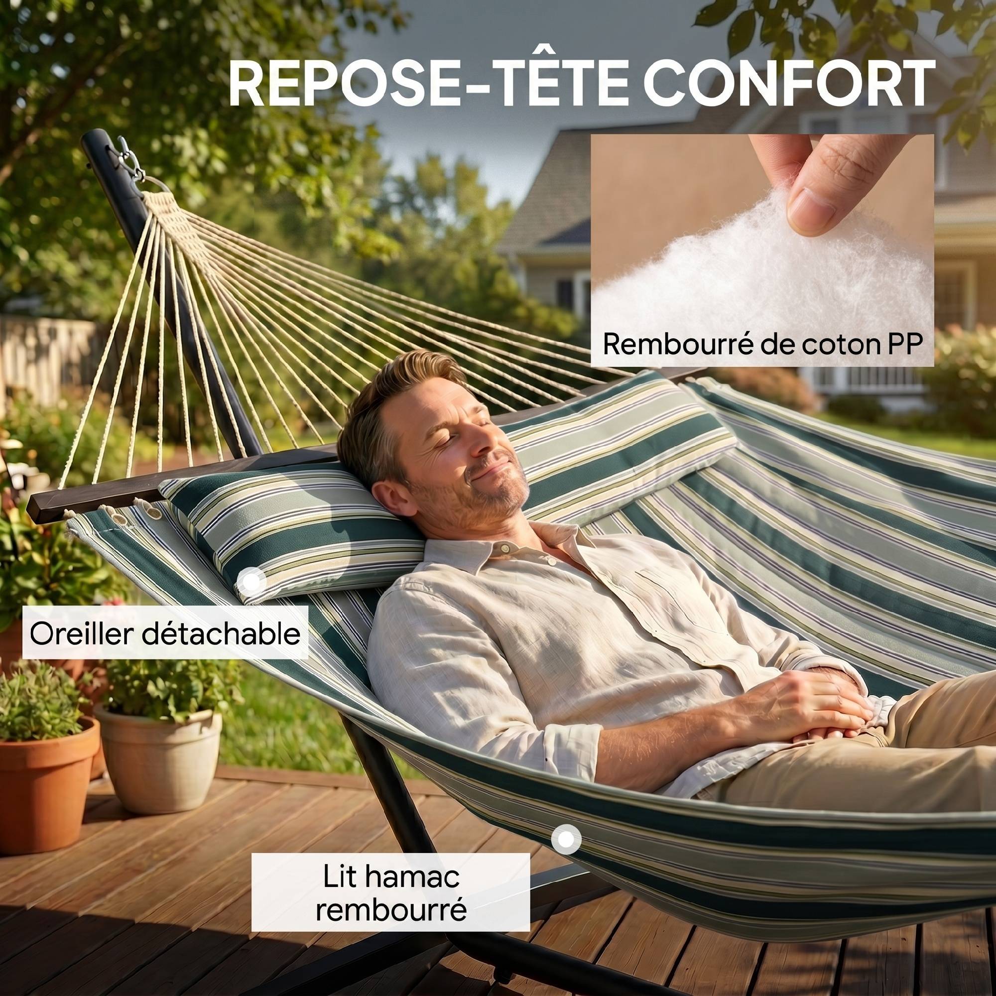 Hamac sur pied acier et polyester vert 353 x 94 x 115 cm - PANGIVO - Image 7