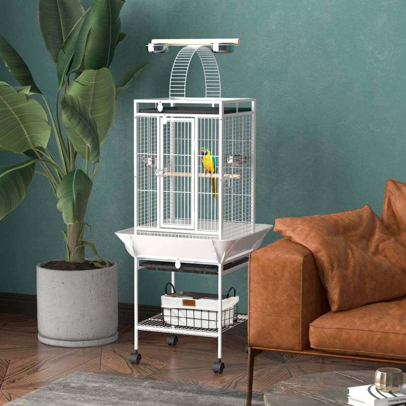 Cage volière acier pour perroquets avec aire de jeux 62,5x62,5x156cm Blanc - ComfortXL Outdoor Living - Image 1