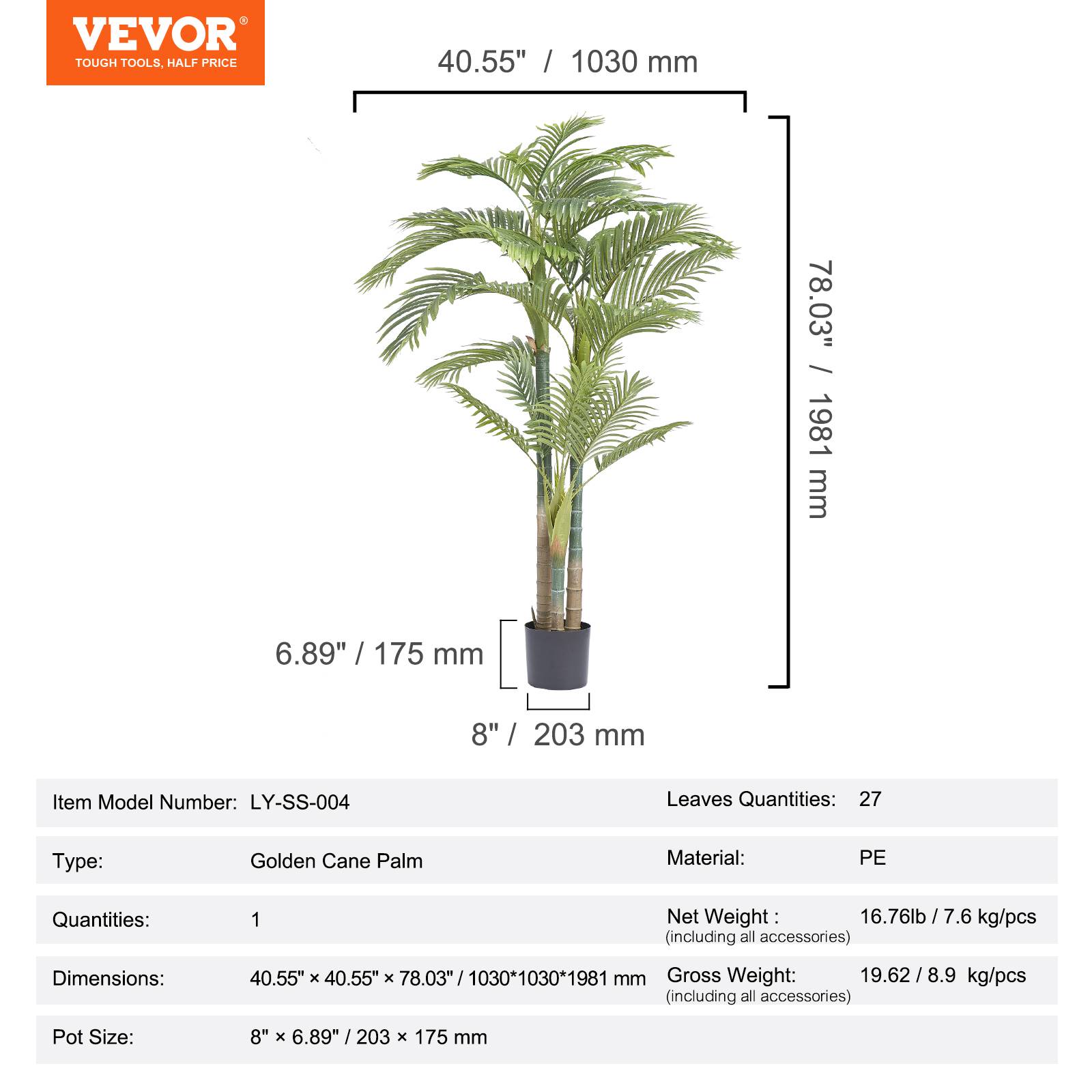 VEVOR Arbre Artificiel Palmier à Canne d'Or Plante Artificielle Déco 1030x1981mm - Image 7