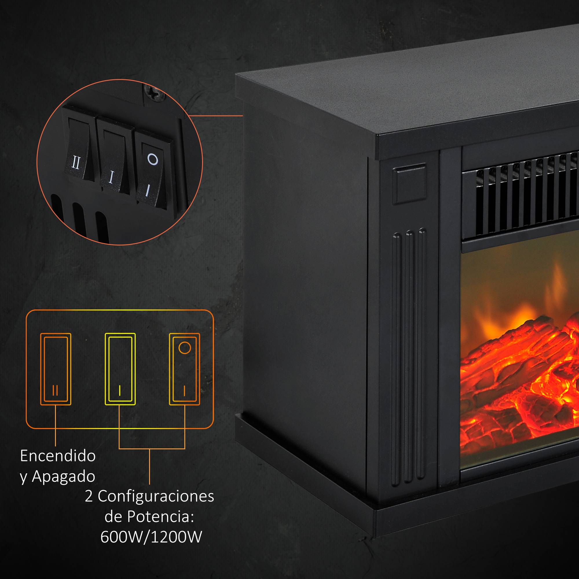 Cheminée électrique 600/1200W décorative de table portable, effet de flamme réaliste, anti-surchauffe 10-15 m² 34x17x25 cm noir - Image 8