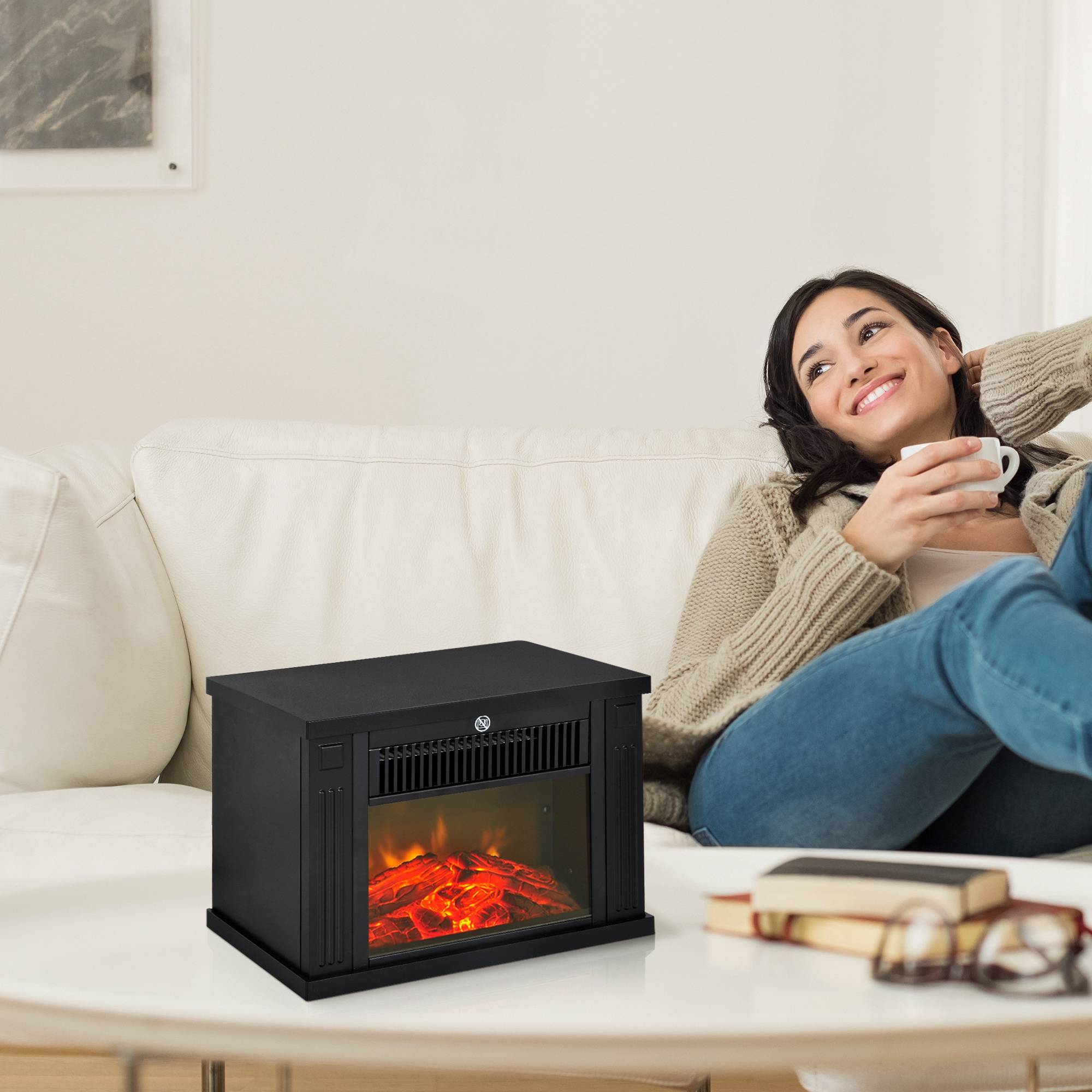 Cheminée électrique 600/1200W décorative de table portable, effet de flamme réaliste, anti-surchauffe 10-15 m² 34x17x25 cm noir - Image 4