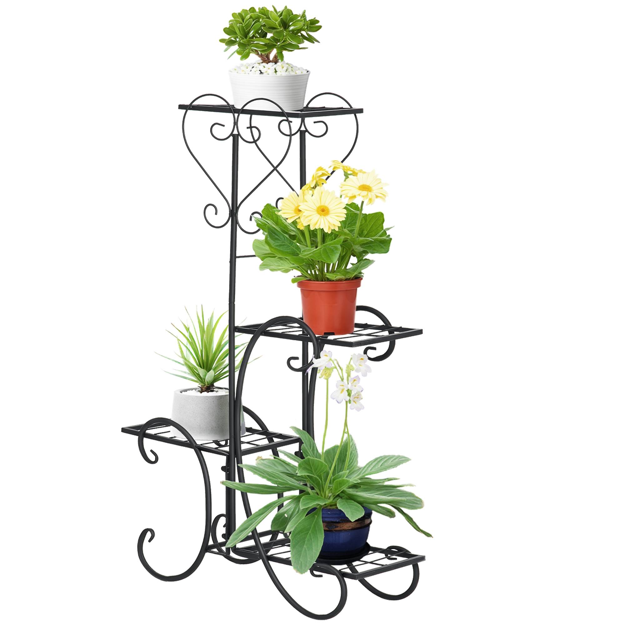 Porte-fleurs métal 4 niveaux, étagère plantes, escalier, int/ext, noir, 45x24,5x80 cm - Image 1
