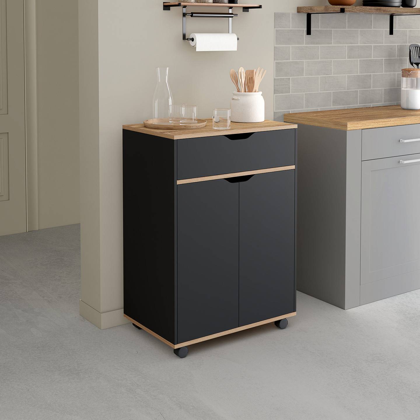 Desserte de cuisine COSY placard avec tiroir bois noir et plateaux façon hêtre L.60 CM - Image 1