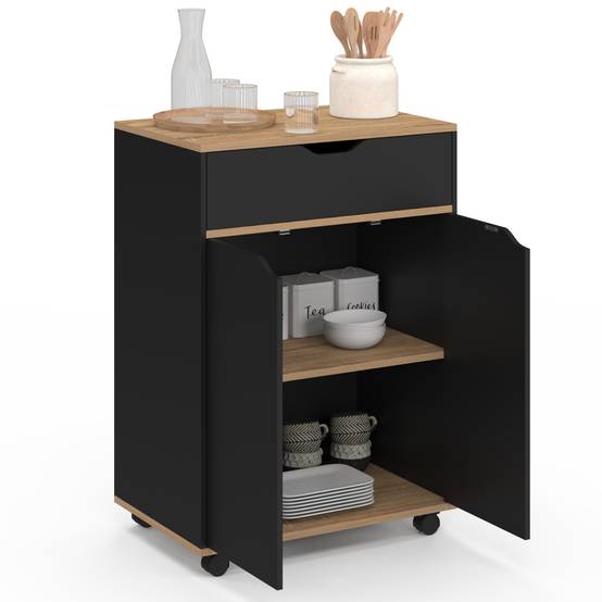 Desserte de cuisine COSY placard avec tiroir bois noir et plateaux façon hêtre L.60 CM - Image 4