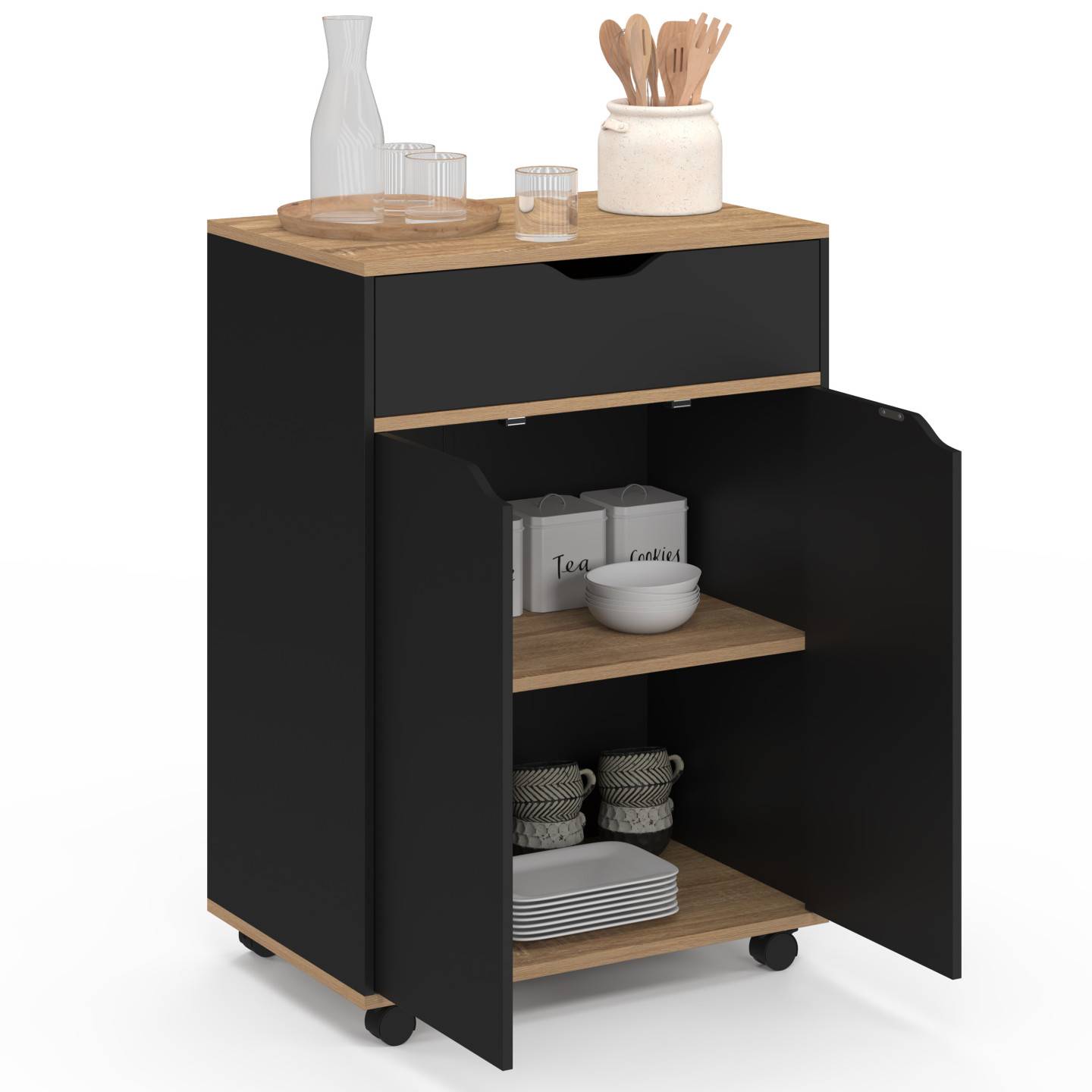 Desserte de cuisine COSY placard avec tiroir bois noir et plateaux façon hêtre L.60 CM - Image 4