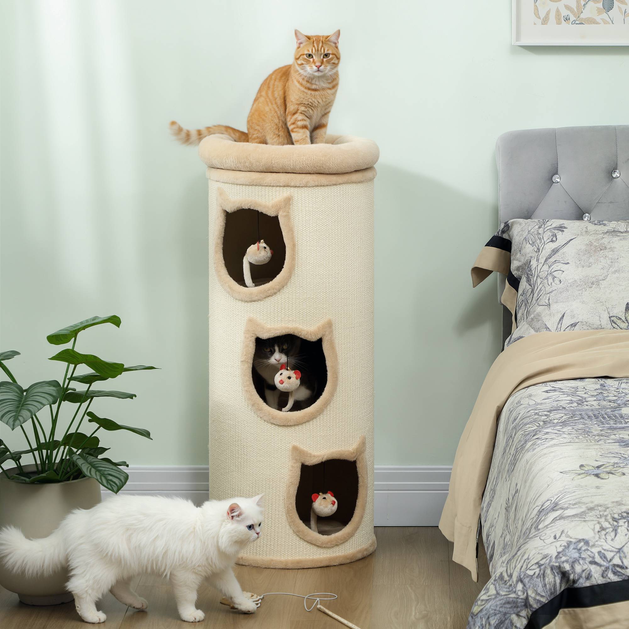 Tour à griffer chat 3 niveaux sisal 360 peluche jouets suspendus 38x96cm crème - ComfortXL Outdoor Living - Image 3