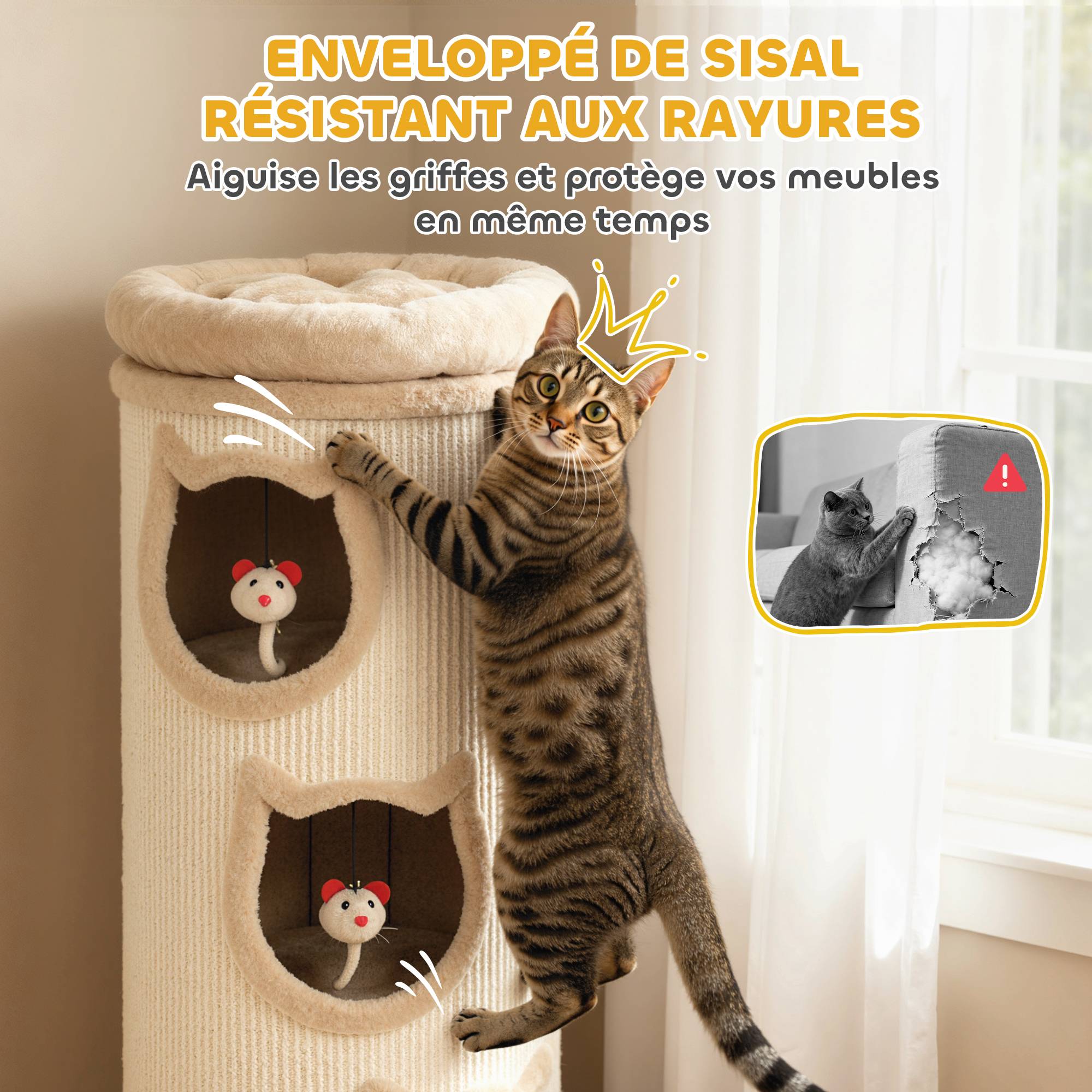 Tour à griffer chat 3 niveaux sisal 360 peluche jouets suspendus 38x96cm crème - ComfortXL Outdoor Living - Image 7