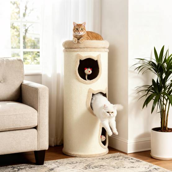 Tour à griffer chat 3 niveaux sisal 360 peluche jouets suspendus 38x96cm crème - ComfortXL Outdoor Living - Image 4