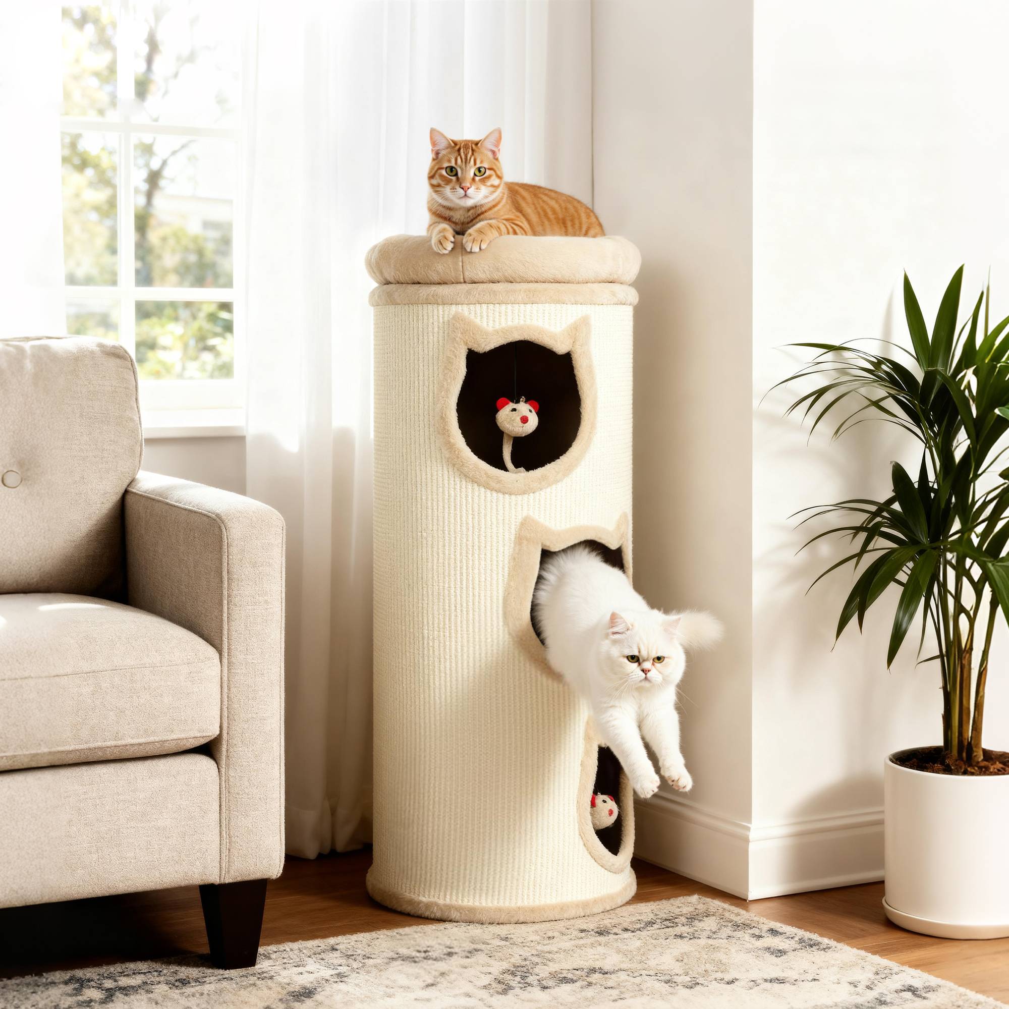 Tour à griffer chat 3 niveaux sisal 360 peluche jouets suspendus 38x96cm crème - ComfortXL Outdoor Living - Image 4