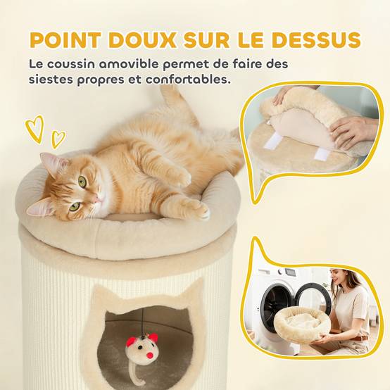 Tour à griffer chat 3 niveaux sisal 360 peluche jouets suspendus 38x96cm crème - ComfortXL Outdoor Living - Image 8