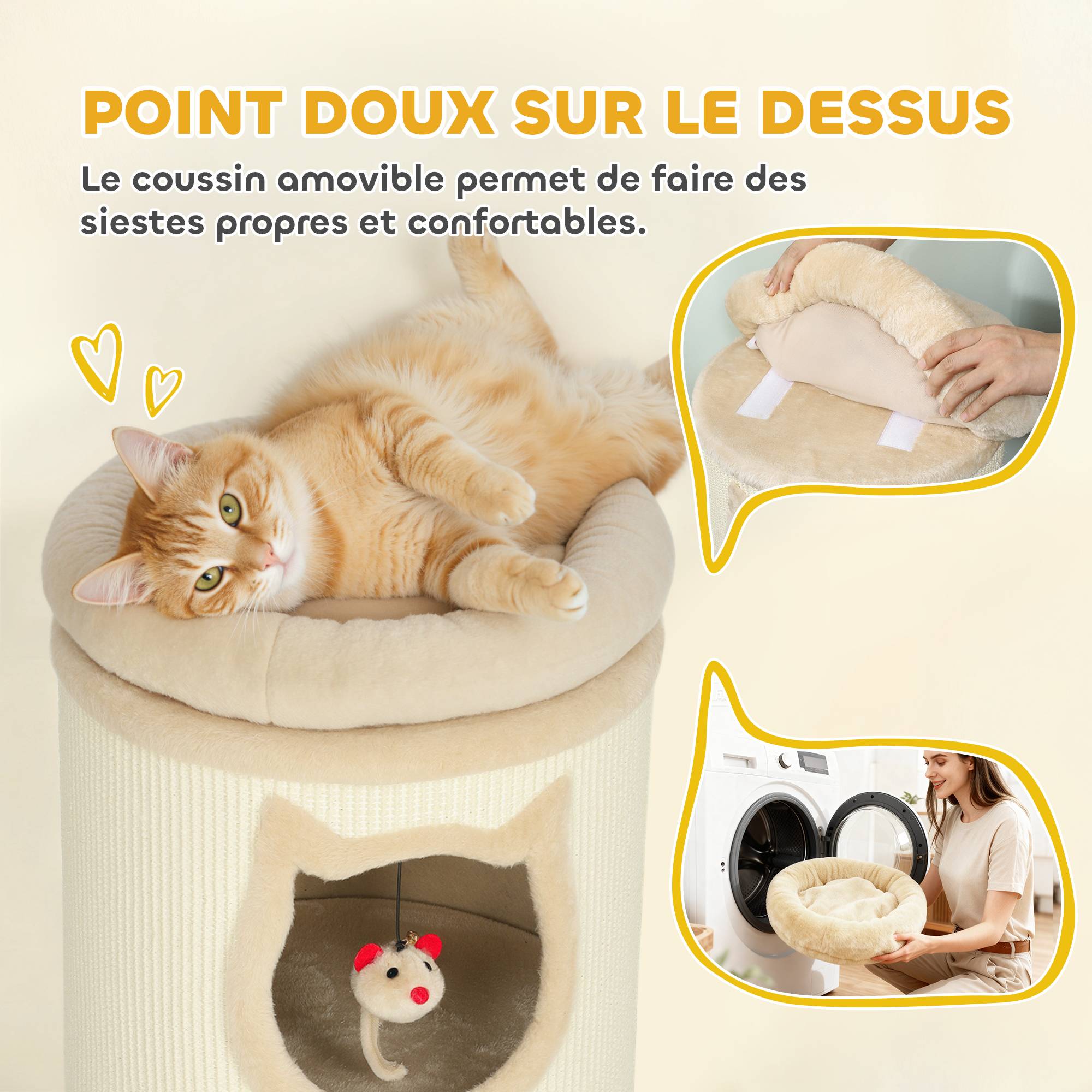 Tour à griffer chat 3 niveaux sisal 360 peluche jouets suspendus 38x96cm crème - ComfortXL Outdoor Living - Image 8