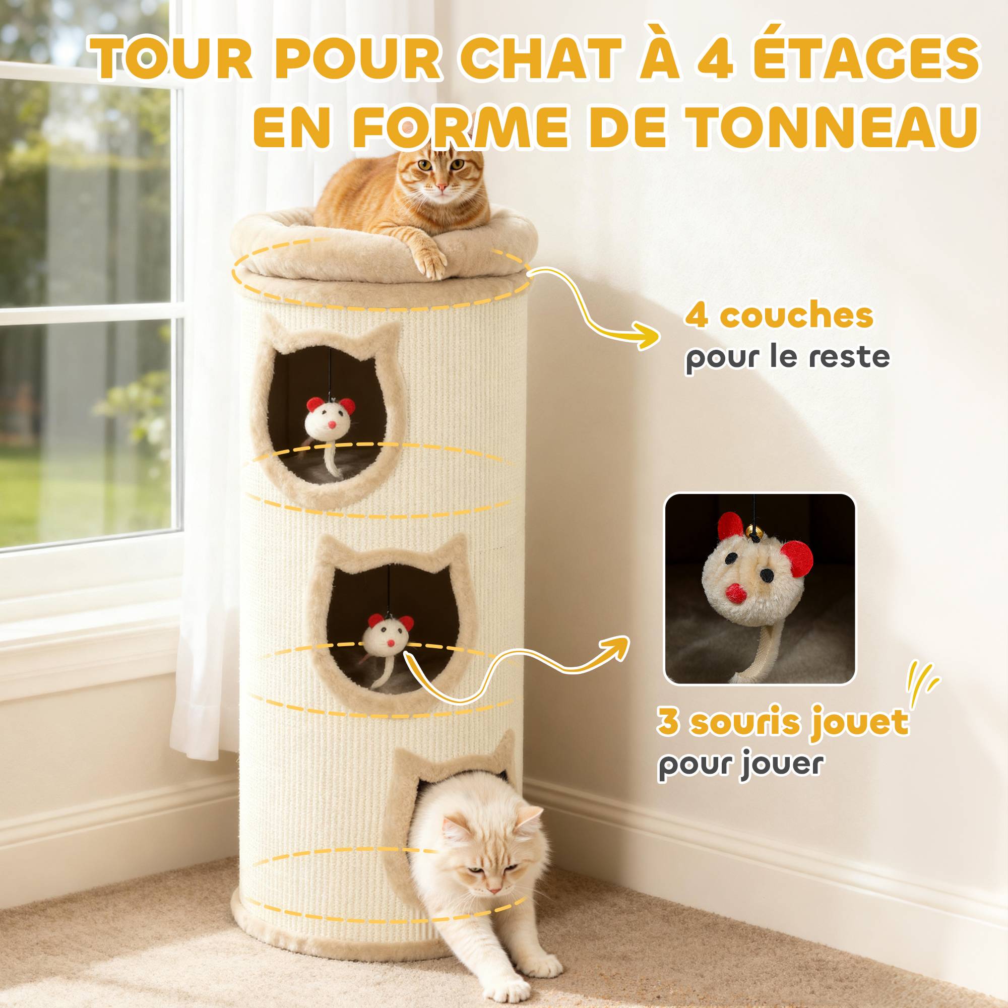 Tour à griffer chat 3 niveaux sisal 360 peluche jouets suspendus 38x96cm crème - ComfortXL Outdoor Living - Image 6