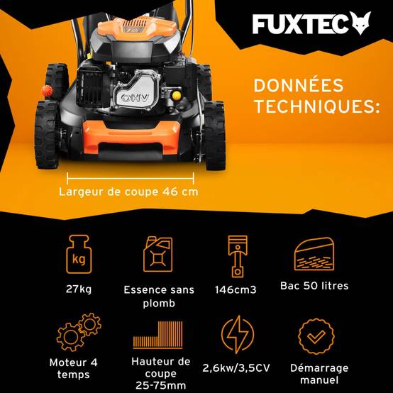 FUXTEC - Tondeuse à Gazon Thermique FUXTEC 146 cm³ 46 cm – Poussée, Bac 50L – Modèle FX-RM4646ECO 3,5 CV - Image 3