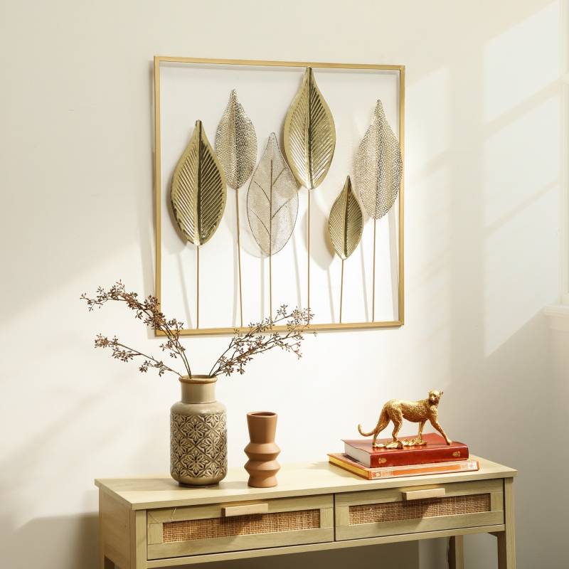 Décoration murale feuilles métal intérieur salon design moderne 70x70 cm doré - ComfortXL Outdoor Living - Image 1