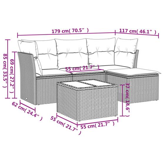 Salon de balcon 5 pièces en résine tressée modulable avec table basse et pouf pour espace extérieur Gris – ComfortXL Outdoor Living - Image 3