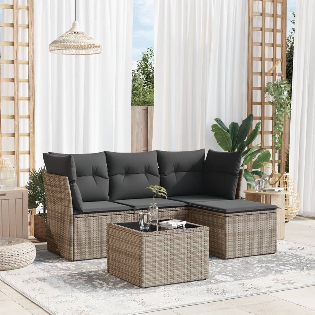 Salon de balcon 5 pièces en résine tressée modulable avec table basse et pouf pour espace extérieur Gris – ComfortXL Outdoor Living - Image 1