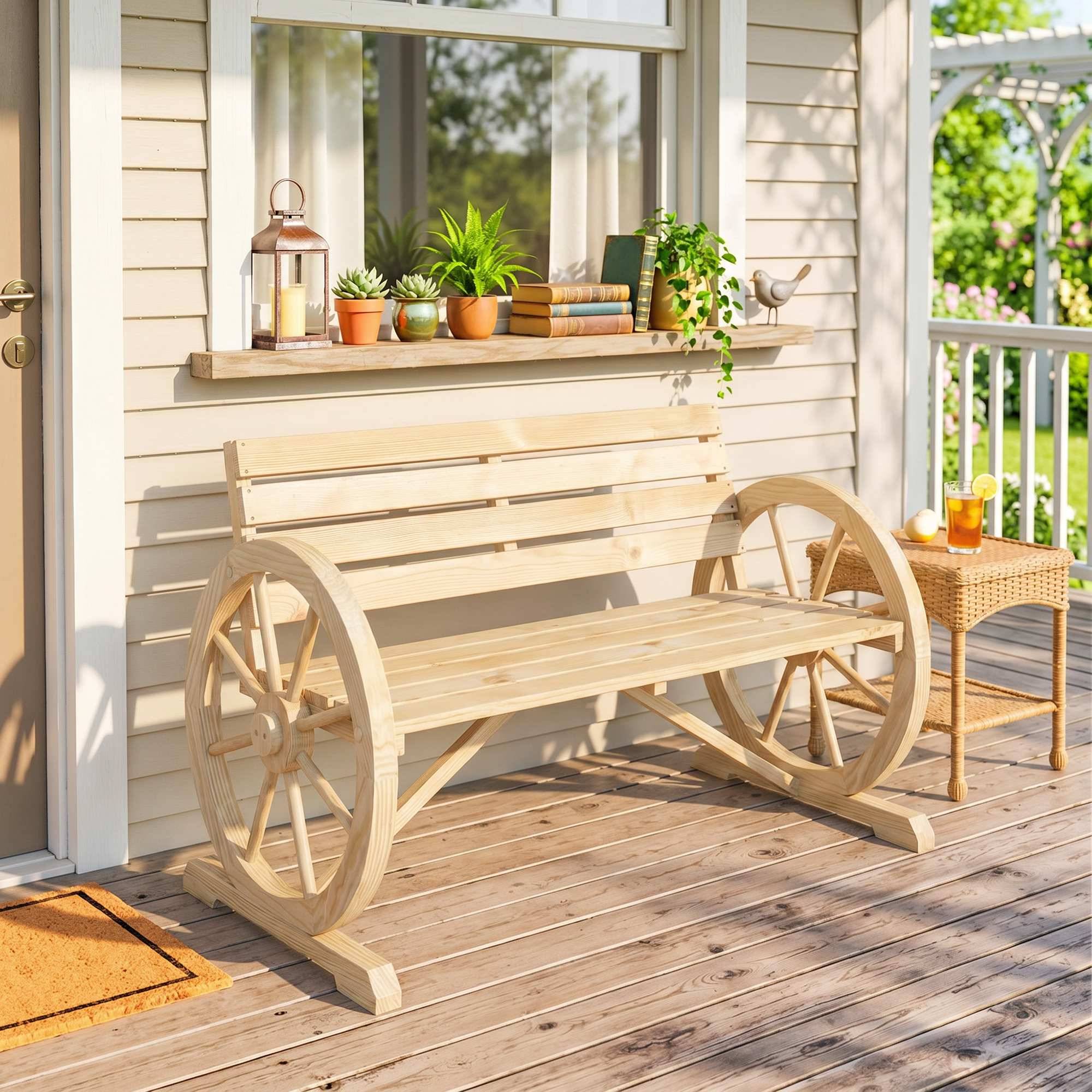 Sans Marque - Banc jardin 2 places lattes accoudoirs roue chariot bois 105,5x56x79 cm bois - Image 3