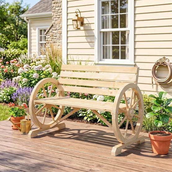 Sans Marque - Banc jardin 2 places lattes accoudoirs roue chariot bois 105,5x56x79 cm bois - Image 4