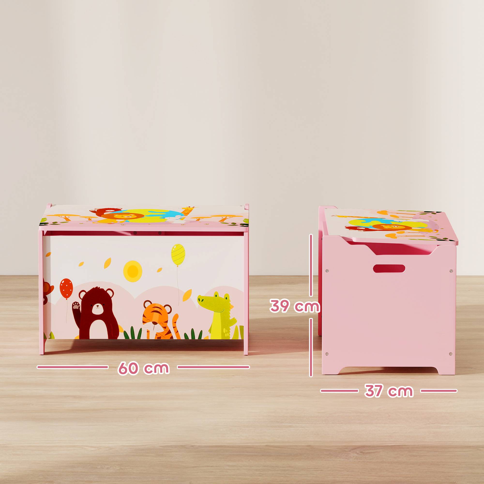 Coffre à jouets pour enfants, avec couvercle à charnières et poignées, motif animal, 60 x 37 x 39 cm, rose - Image 5