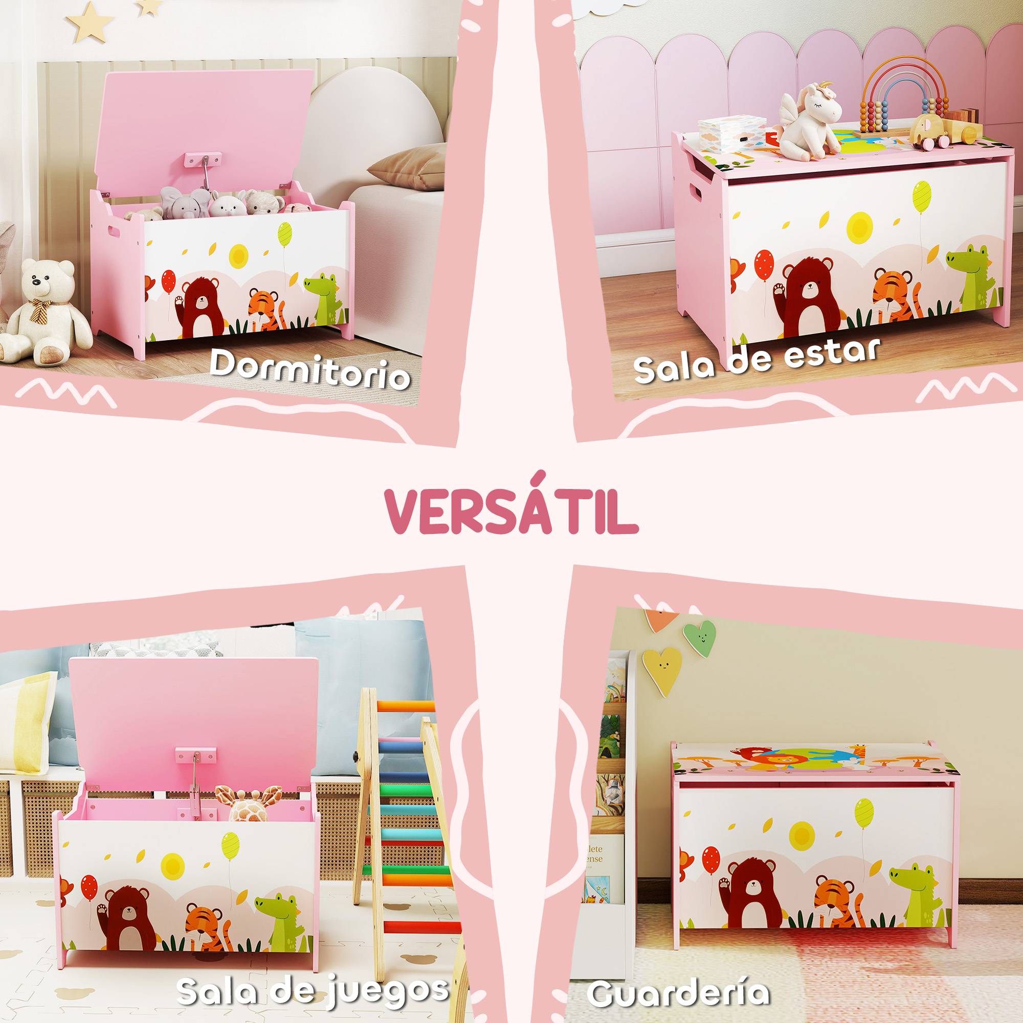 Coffre à jouets pour enfants, avec couvercle à charnières et poignées, motif animal, 60 x 37 x 39 cm, rose - Image 8