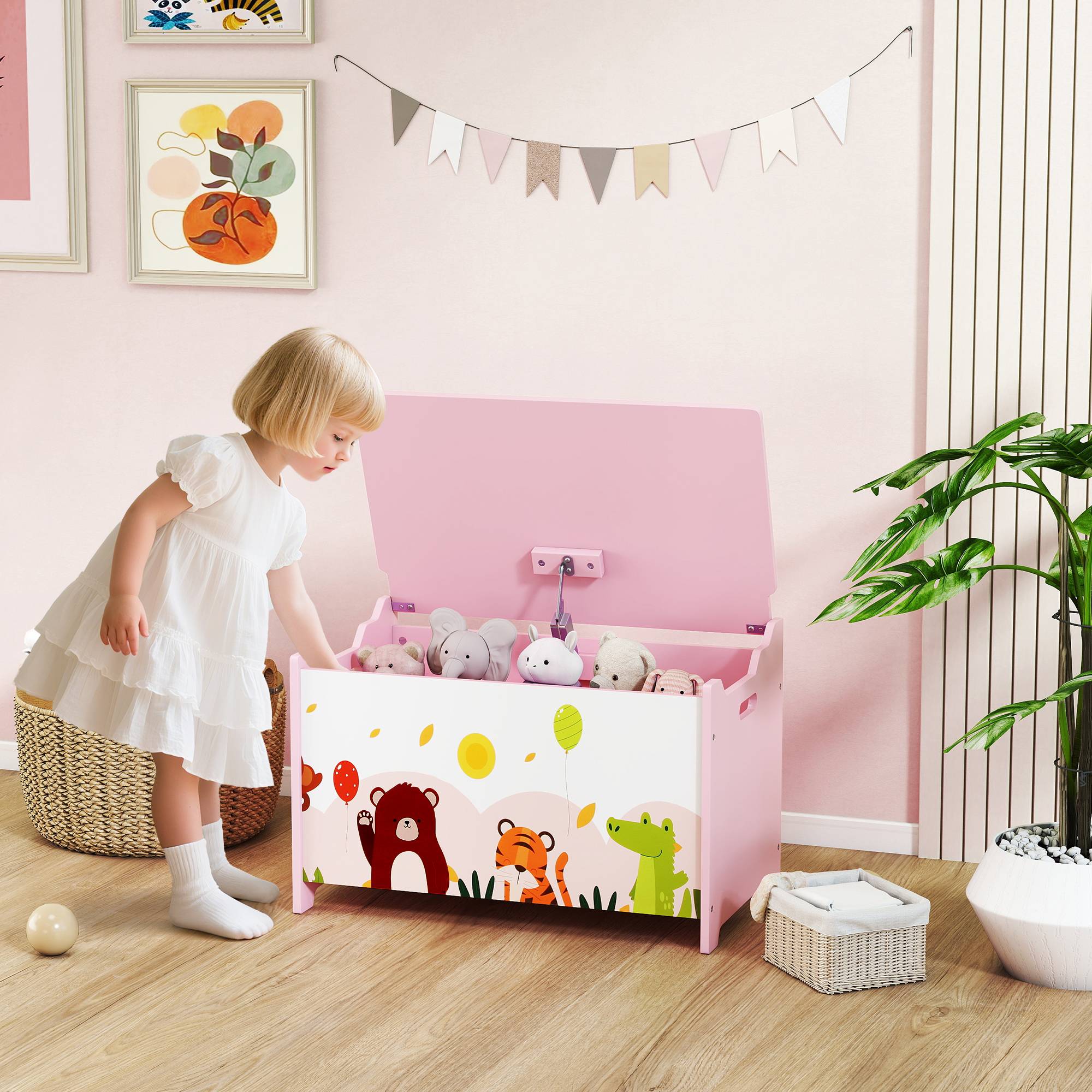 Coffre à jouets pour enfants, avec couvercle à charnières et poignées, motif animal, 60 x 37 x 39 cm, rose - Image 3