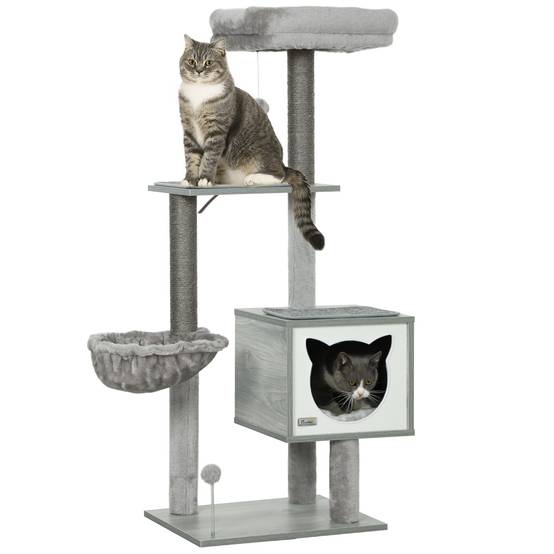 Arbre à Chat 126cm Tour de Jeu avec Niche Hamac et Plateformes Poteaux Sisal Gris - ComfortXL Outdoor Living - Image 1