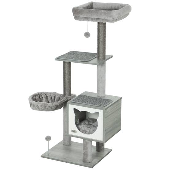 Arbre à Chat 126cm Tour de Jeu avec Niche Hamac et Plateformes Poteaux Sisal Gris - ComfortXL Outdoor Living - Image 2