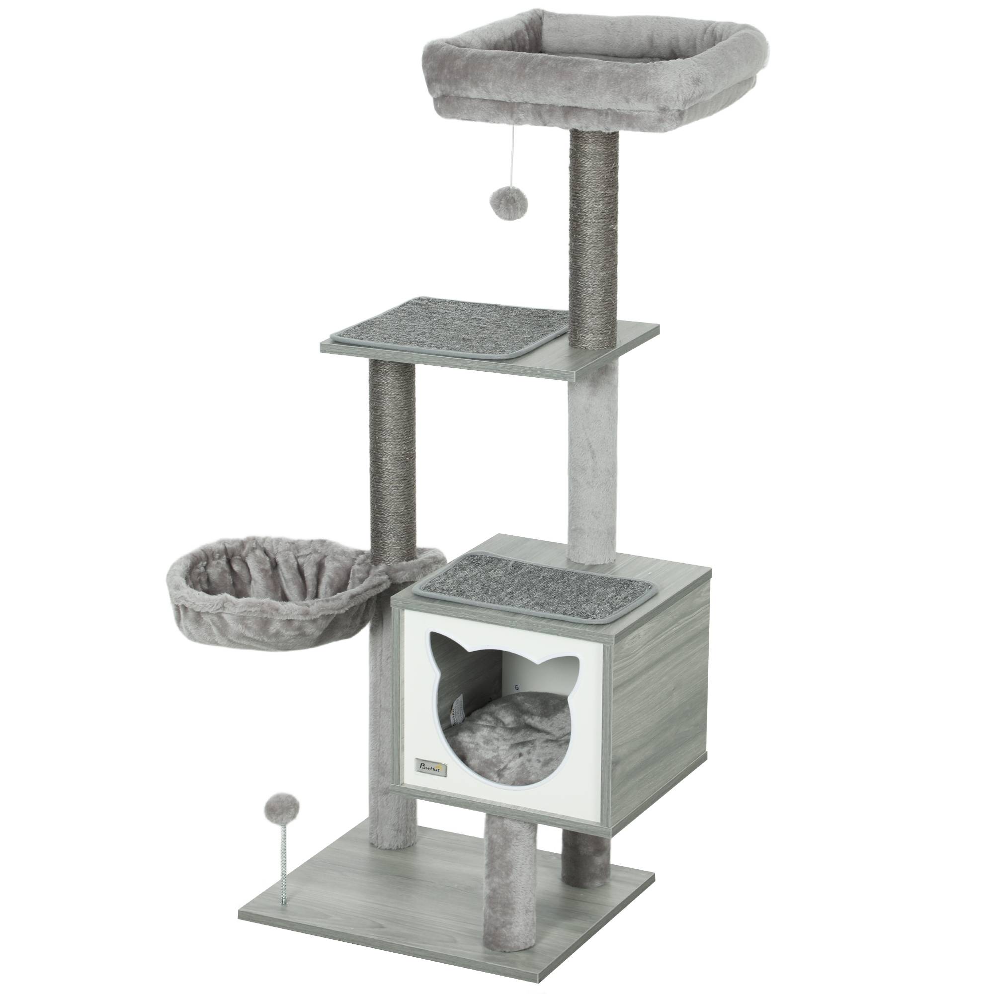 Arbre à Chat 126cm Tour de Jeu avec Niche Hamac et Plateformes Poteaux Sisal Gris - ComfortXL Outdoor Living - Image 2