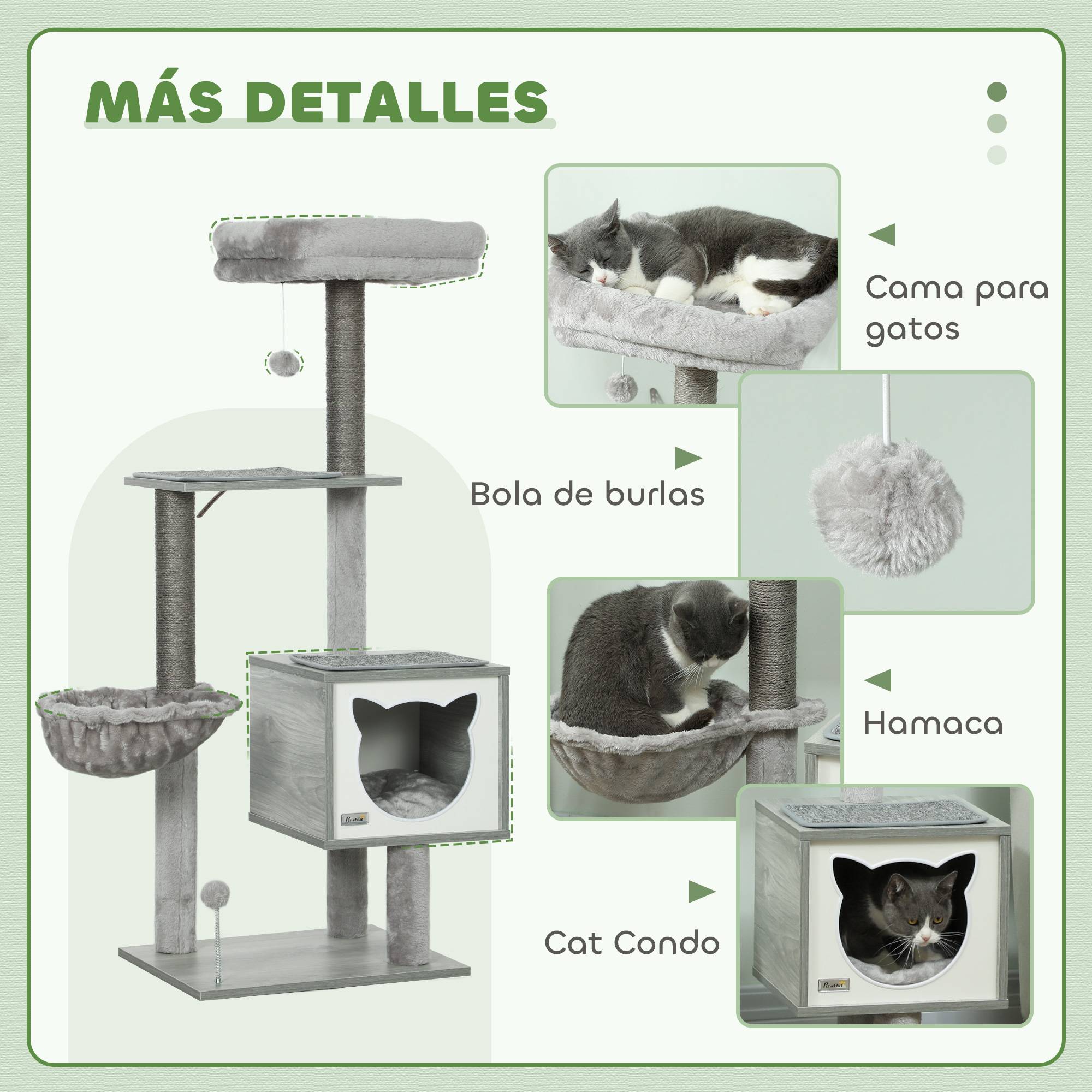 Arbre à Chat 126cm Tour de Jeu avec Niche Hamac et Plateformes Poteaux Sisal Gris - ComfortXL Outdoor Living - Image 7