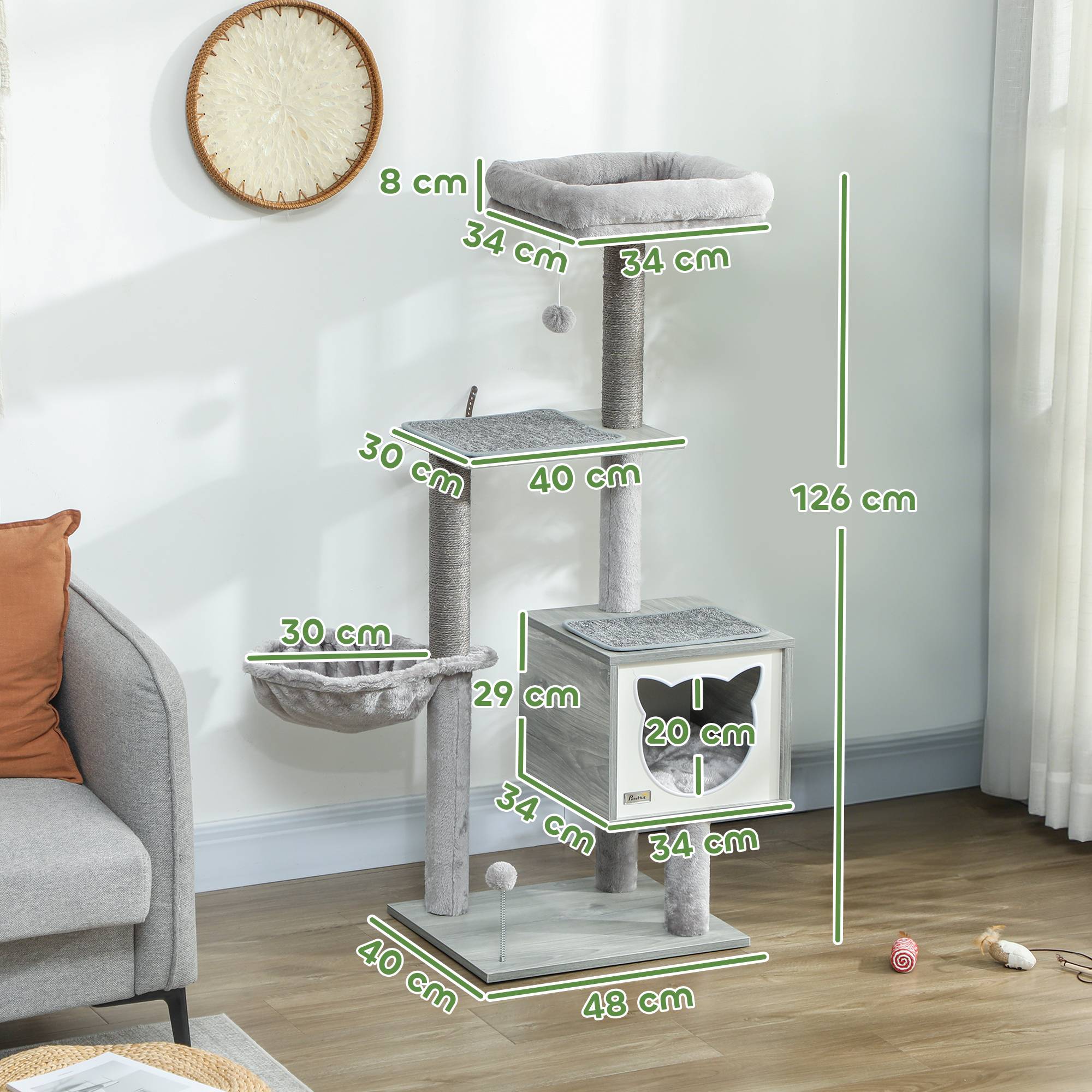 Arbre à Chat 126cm Tour de Jeu avec Niche Hamac et Plateformes Poteaux Sisal Gris - ComfortXL Outdoor Living - Image 5