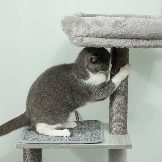 Arbre à Chat 126cm Tour de Jeu avec Niche Hamac et Plateformes Poteaux Sisal Gris - ComfortXL Outdoor Living - Image 9